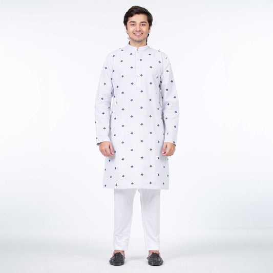 Exclusive Panjabi | White with Blue Embroidery