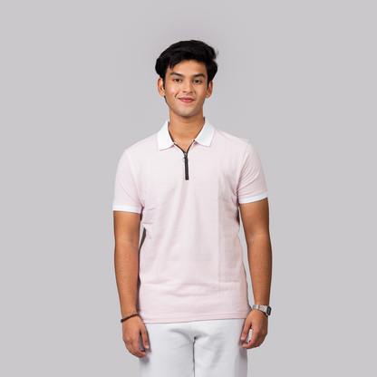 Textured Zip Knit Polo- Metro Edition | Baby Pink