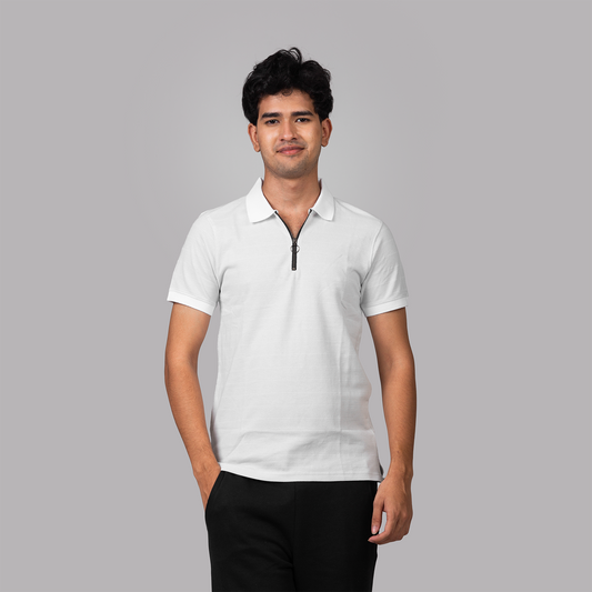 Textured Zip Knit Polo- Metro Edition | Blueish White