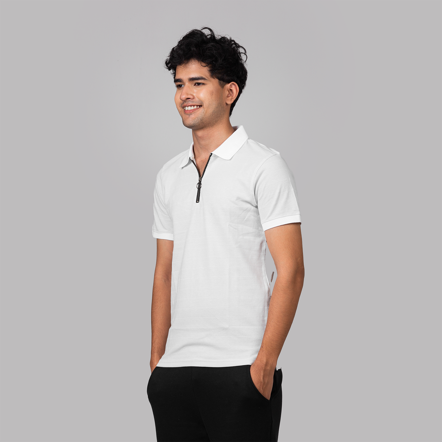 Textured Zip Knit Polo- Metro Edition | Blueish White