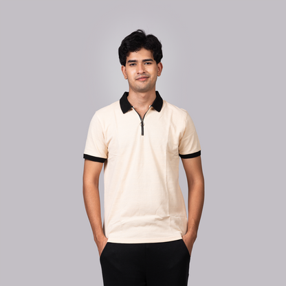 Textured Zip Knit Polo- Metro Edition  | Beige