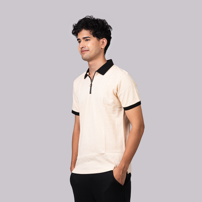 Textured Zip Knit Polo- Metro Edition  | Beige