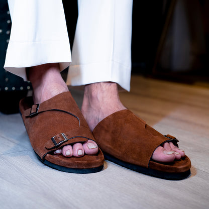 Suede Sandal   Double Belt  Brown