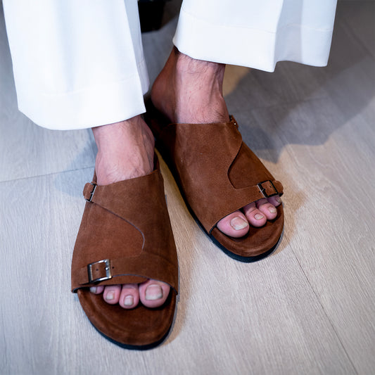 Suede Sandal   Double Belt  Brown