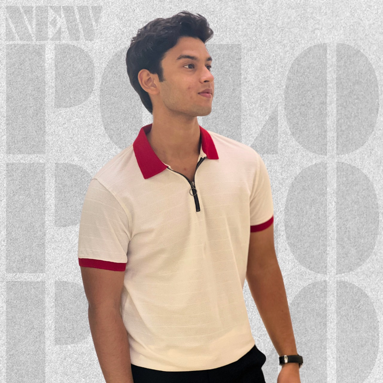 Textured Zip Knit Polo- Metro Edition  | Cream